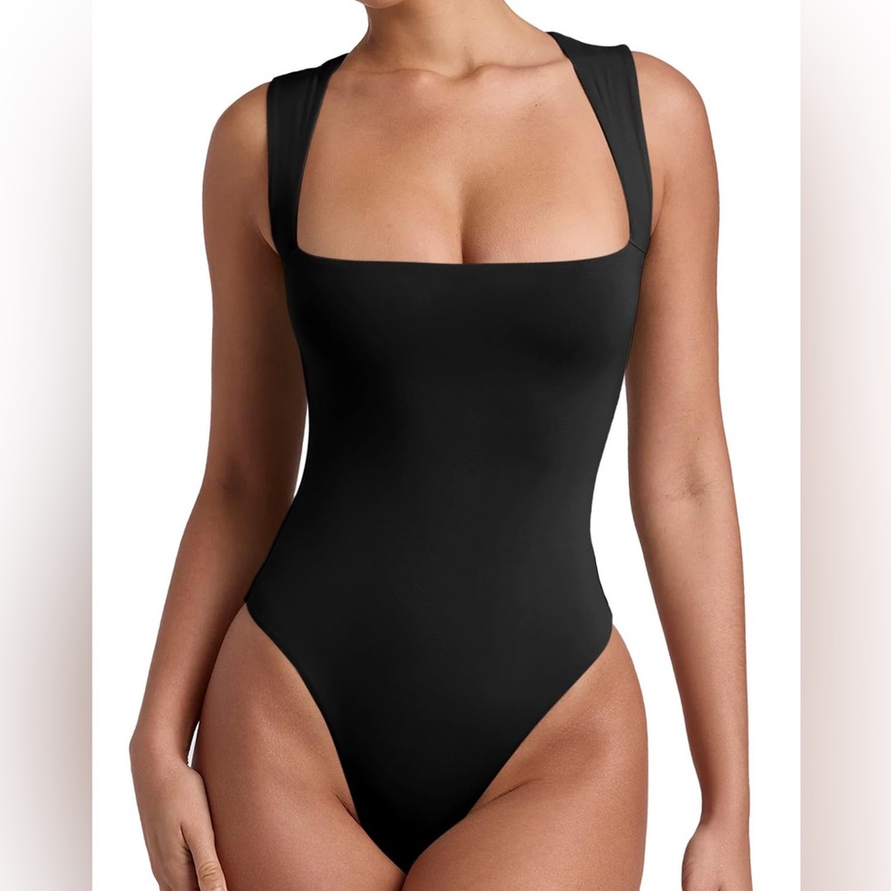 Women Square Neck Double Lined Going Out Thong Bodysuit Tank Top Black Small NWT